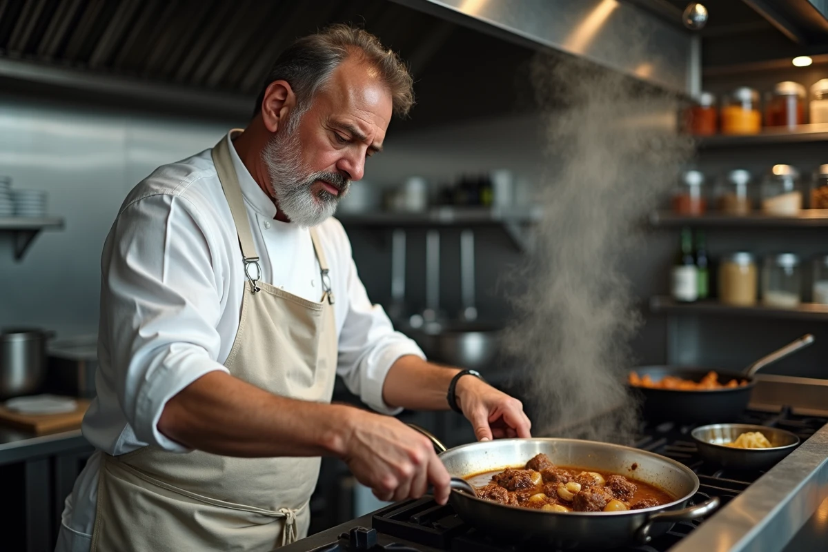 Chef cuisinier déglaçant une carbonnade flamande à la bière brune dans une cuisine de restaurant professionnelle