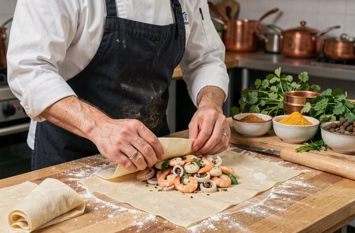 Chef professionnel préparant la farce de pastilla aux fruits de mer dans une cuisine gastronomique