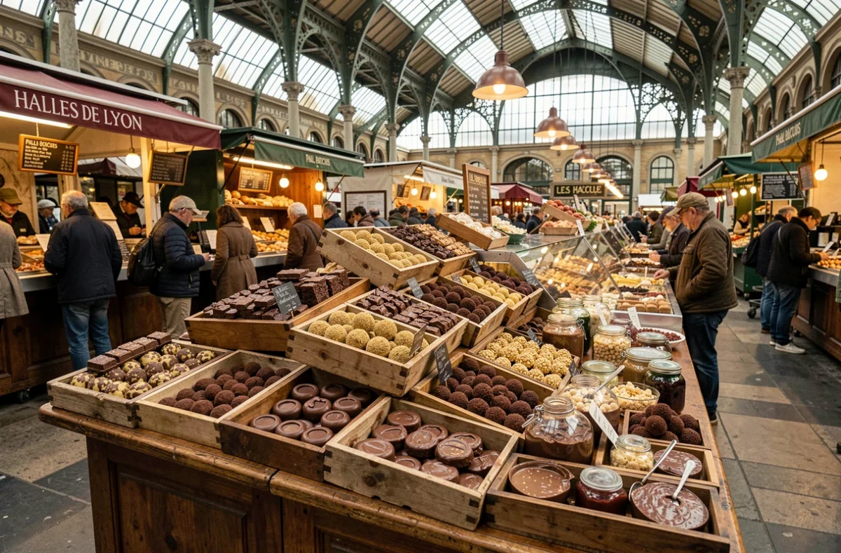 Comptoir de chocolats artisanaux Chocolat Sève aux Halles de Lyon Paul Bocuse
