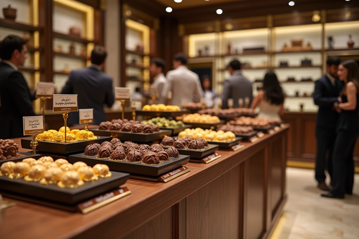 Intérieur d'une boutique Chocolaterie Dubaï lors d'un lancement d'édition limitée avec présentoir de chocolats au safran et à la cardamome