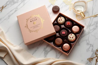 Boîte de chocolats édition limitée de la Chocolaterie Dubaï posée sur un marbre blanc avec motifs dorés arabesques