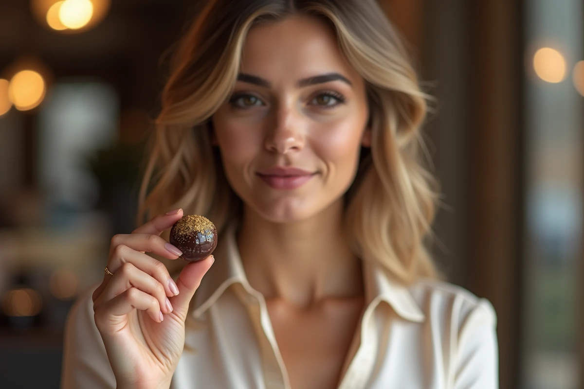 Femme tenant un chocolat artisanal de la Chocolaterie Dubaï dans une boutique haut de gamme avec vitrines d'éditions limitées
