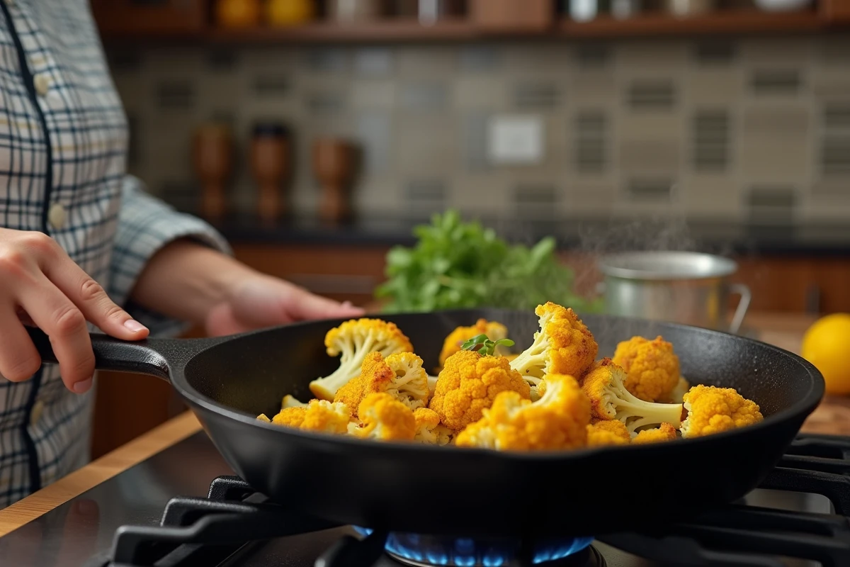 Chou-fleur sauté à la poêle en fonte avec des épices dans une cuisine à domicile