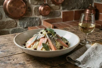 Choucroute aux poissons servie dans un bol en céramique rustique avec saumon, cabillaud et brochet, accompagnée d'un verre de Riesling alsacien