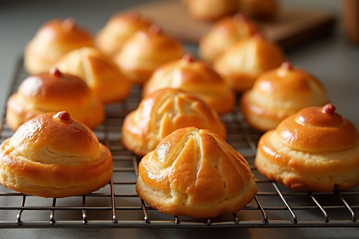 Choux pâtisserie refroidissant sur grille en vue de dessus