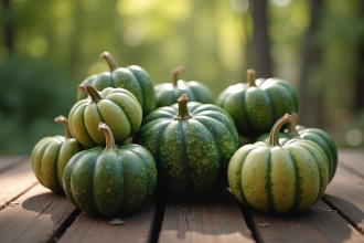 Citrouilles vertes fraîches sur une table en bois rustique