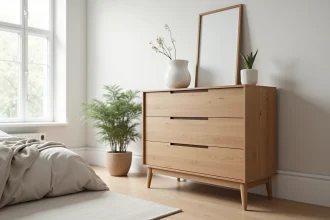 Commode en bois de marque So Cooc dans une chambre scandinave minimaliste, vue en trois quarts