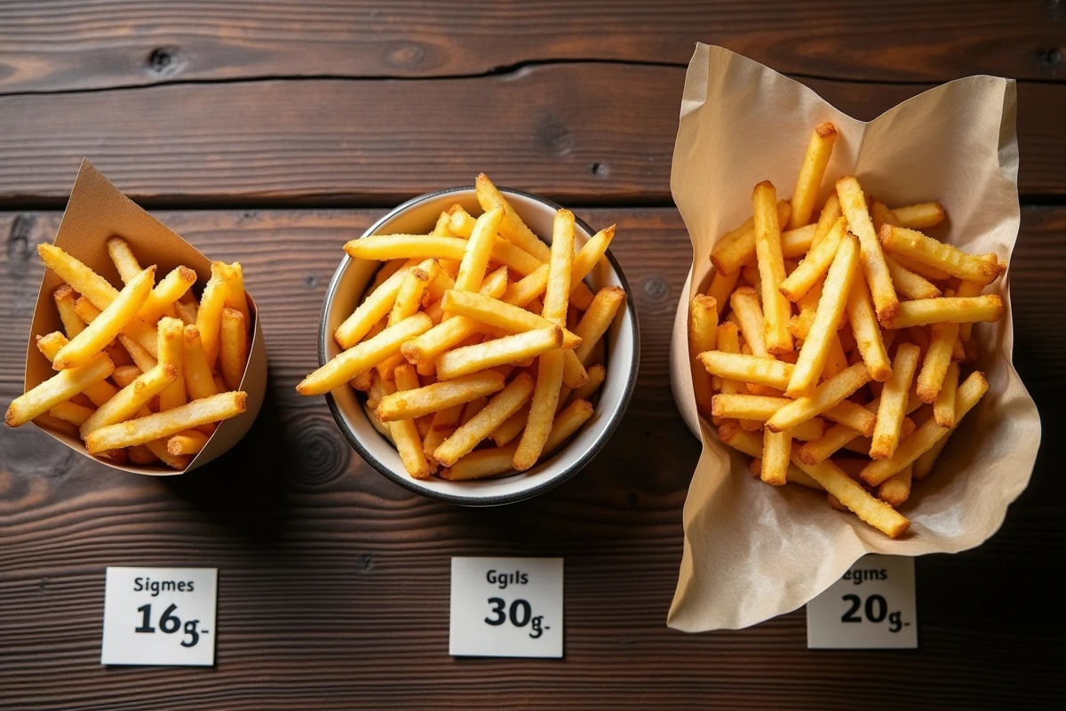 Comparaison de trois portions de frites de tailles différentes sur fond en bois avec étiquettes de grammage