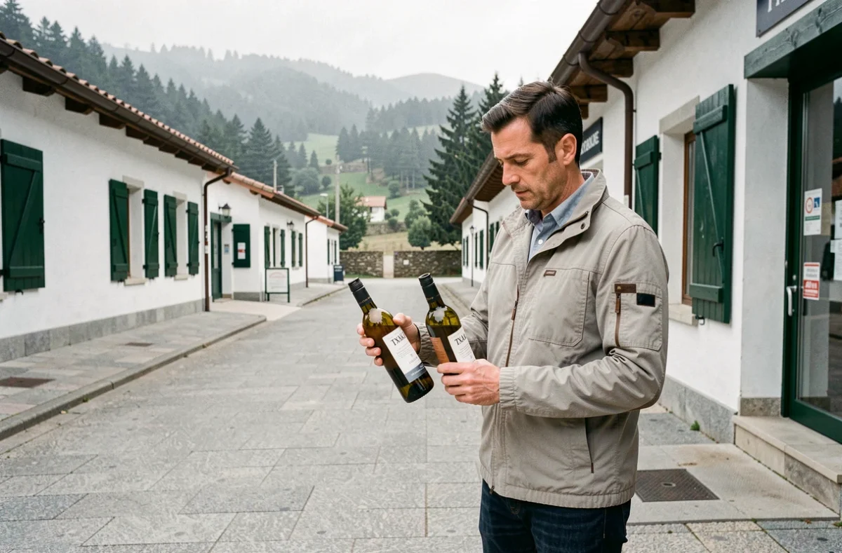 Homme comparant des vins locaux dans la zone commerciale frontalière de Landibar au Pays basque