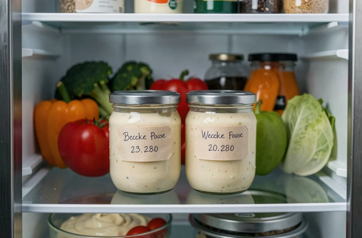 Pots en verre de mayonnaise maison étiquetés avec la date de préparation conservés dans un réfrigérateur moderne