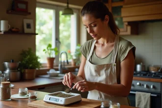 Cuisinière mesurant des herbes sèches sur une balance de cuisine numérique pour convertir correctement les cuillerées en grammes