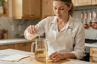 Femme boulangère versant du liquide d'un verre gradué en millilitres dans un grand récipient en litres sur un plan de travail en bois