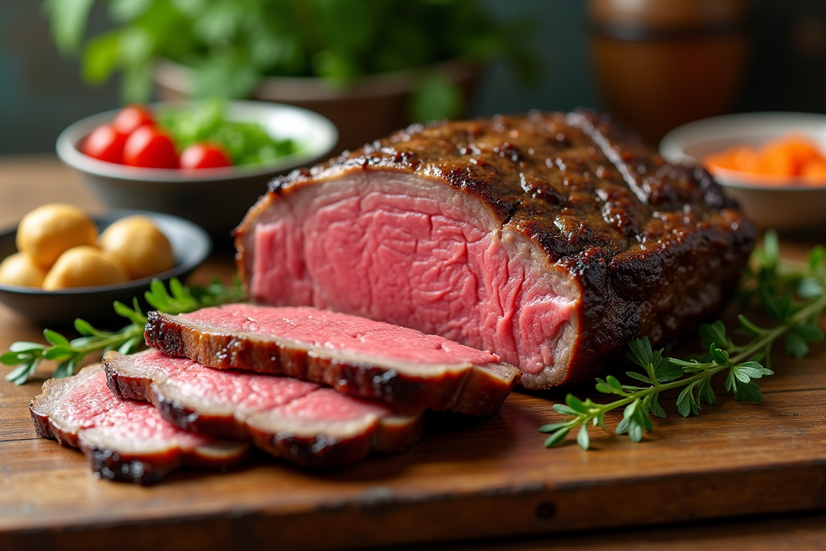 Côte de bœuf tranchée sur planche en bois pour deux