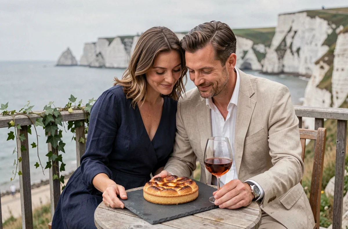 Couple partageant un dessert normand en terrasse d'un restaurant romantique avec vue sur les falaises de la côte normande