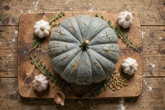 Courge bleu de Hongrie rôtie entière posée sur une planche en bois rustique avec thym frais et ail rôti
