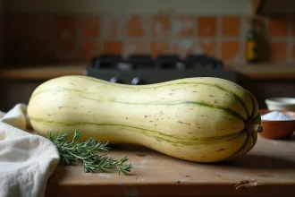 Courge longue de Nice entière posée sur une table en bois rustique avec du thym frais et du sel dans une cuisine provençale
