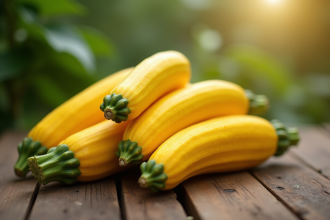 Courgettes jaunes fraîches sur une table en bois rustique