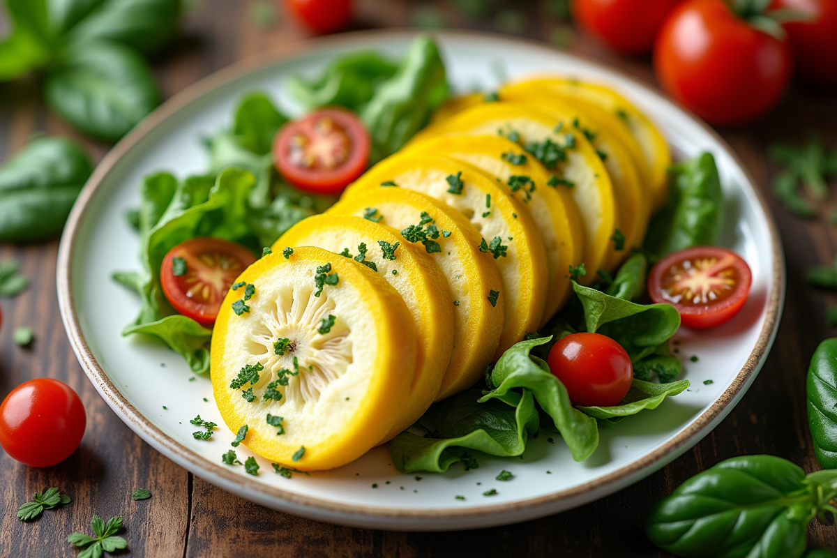 Courgettes jaunes tranchées dans une salade colorée