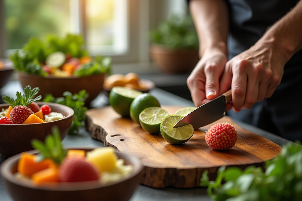 Chef coupant des limes et lychees avec salades de fruits