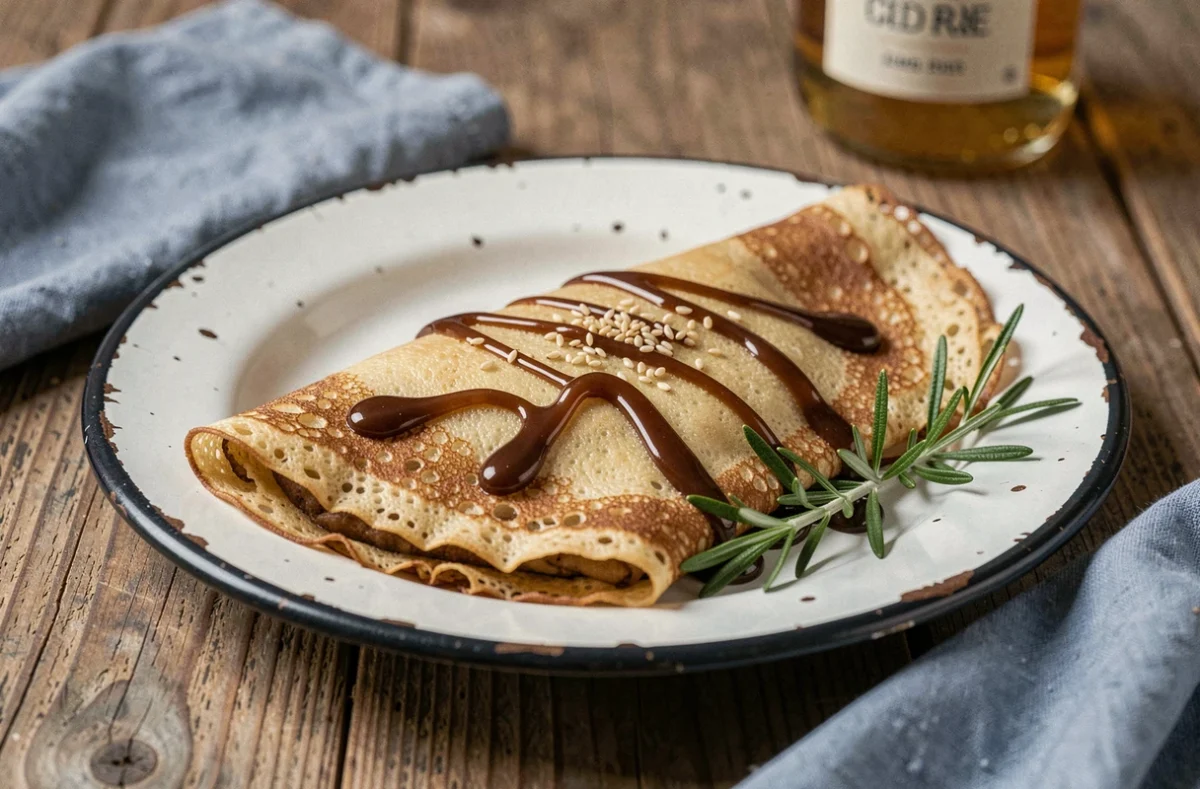 Crêpe dorée garnie de caramel, graines de sésame grillées et romarin frais comme alternative originale au rhum et à la vanille