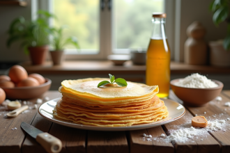 Pile de crepes dorées sur une table en bois avec œufs farine et bière