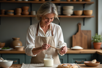 Femme en cuisine versant du lait en remuant avec amour