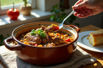 Cuisine française traditionnelle avec ragoût de lapin dans une casserole en céramique