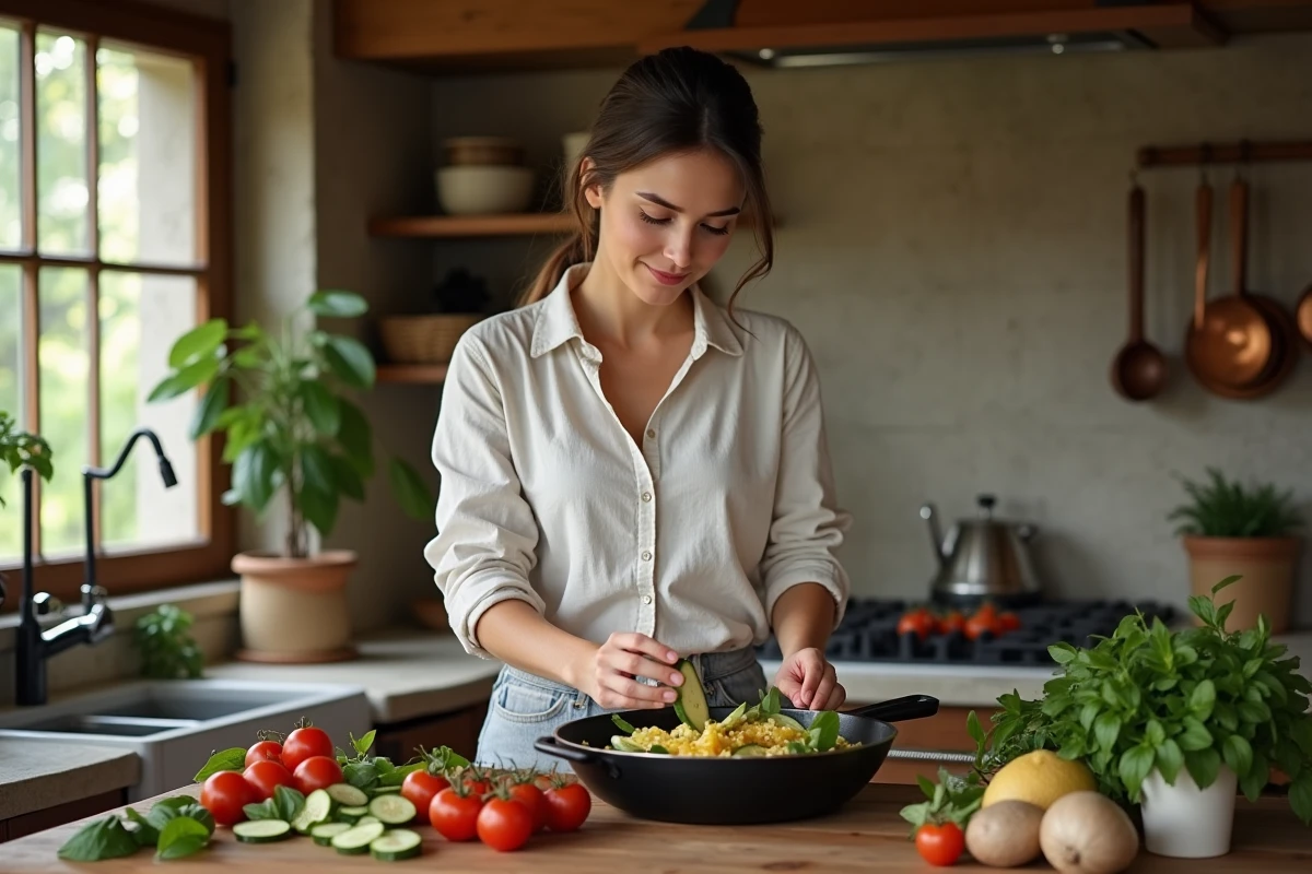 Jeune femme cuisine légumes frais dans une cuisine rustique
