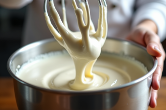 Main de chef fouettant la creme dans un bol en inox