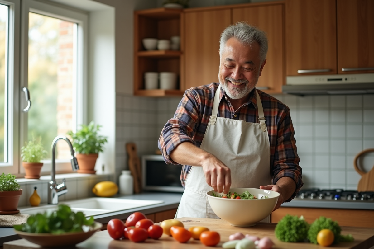 Homme cuisinant une salade dans une cuisine familiale chaleureuse