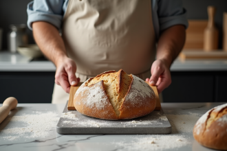 Homme en tablier de lin préparant un pain artisanal dans une cuisine moderne