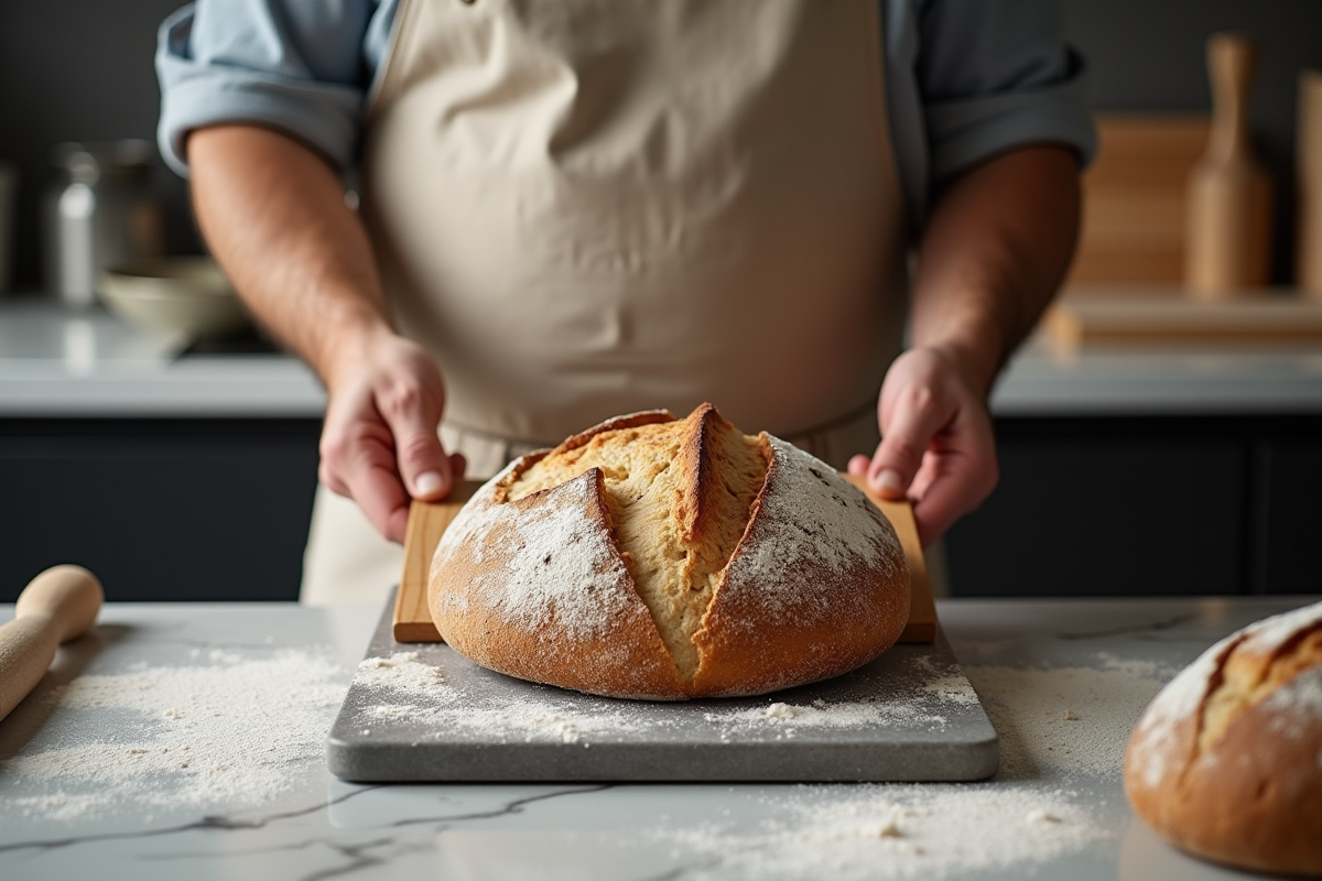 Homme en tablier de lin préparant un pain artisanal dans une cuisine moderne