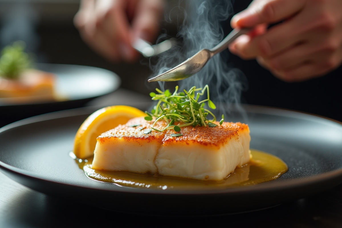 Cuisinier dressant un filet de cod à la poêle