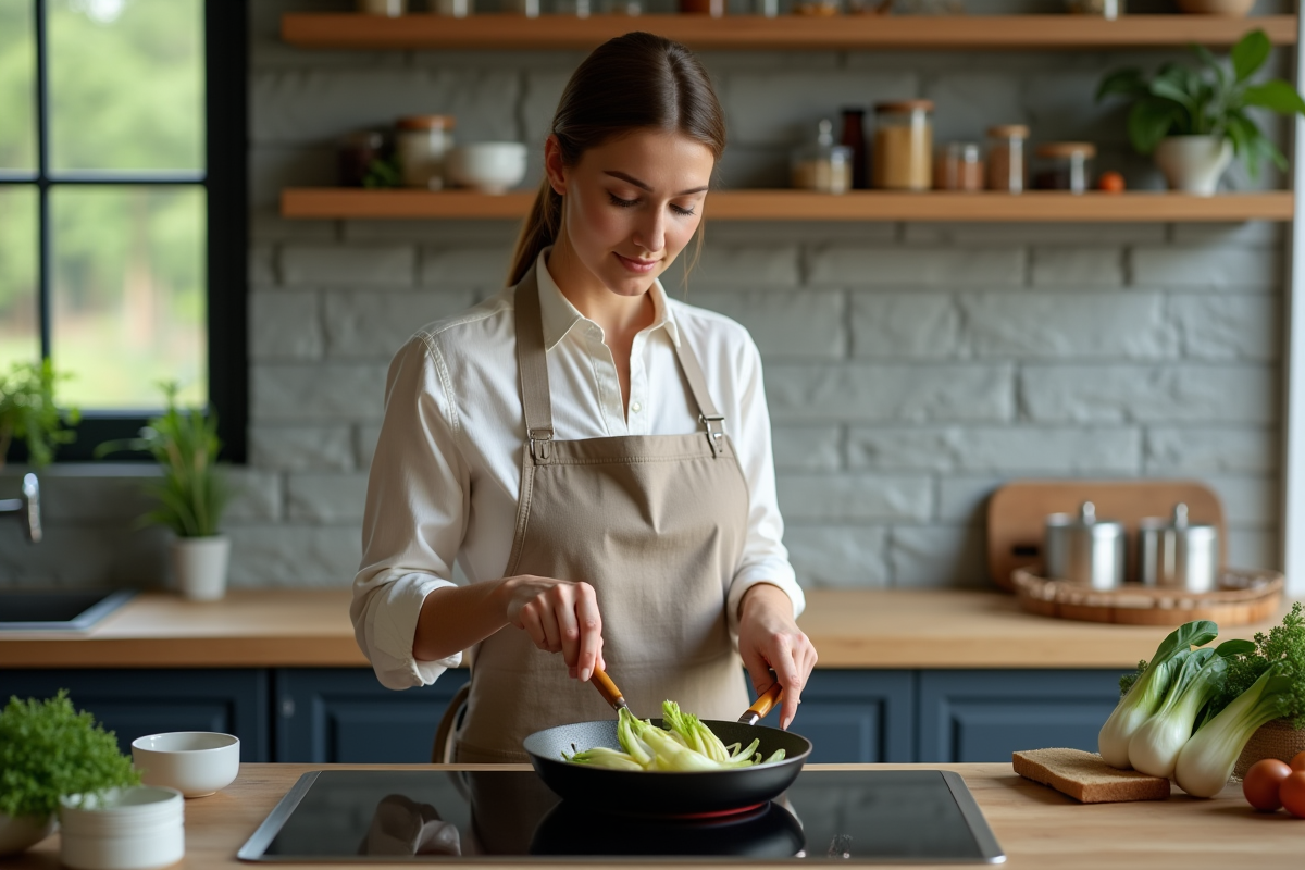 Femme en cuisine préparant des endives sautées