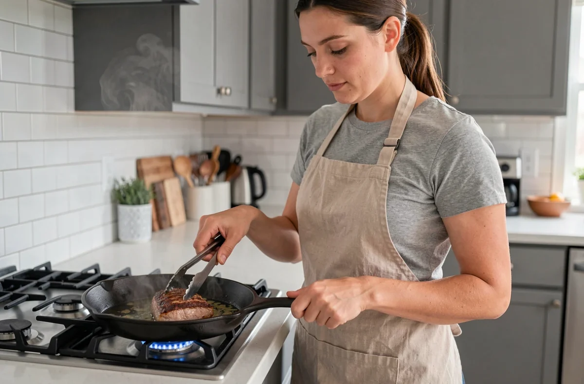 Femme cuisinant un filet mignon de porc dans une poêle en fonte sur une cuisinière à gaz moderne