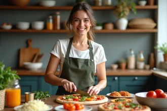 Femme souriante préparant des légumes pour pizza dans la cuisine