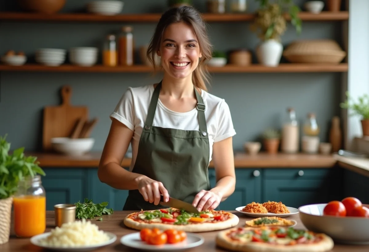 Femme souriante préparant des légumes pour pizza dans la cuisine