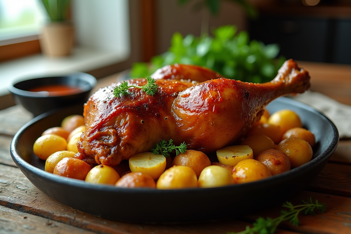 Cuisses de dinde rôties sur pommes de terre dorées