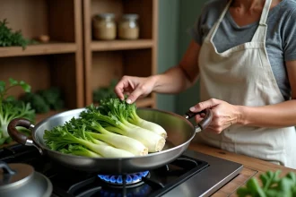 Femme en tablier de lin disposant des endives fraîches dans une poêle en inox sur un feu de gaz dans une cuisine de style ferme française