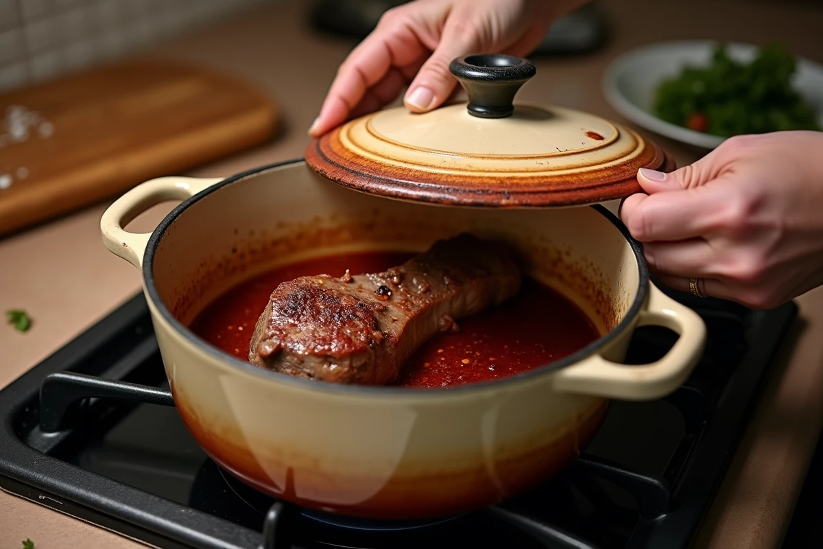 Cuisson lente d'une souris d'agneau dans une cocotte émaillée sur feu de cuisine avec bouillon de vin rouge, mains du cuisinier soulevant le couvercle