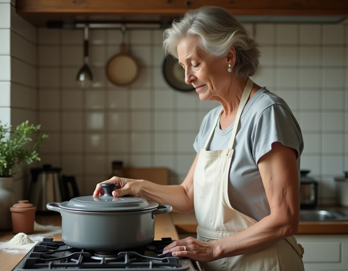 Femme en tablier refermant une cocotte familiale sur le feu pour cuire un rôti de porc