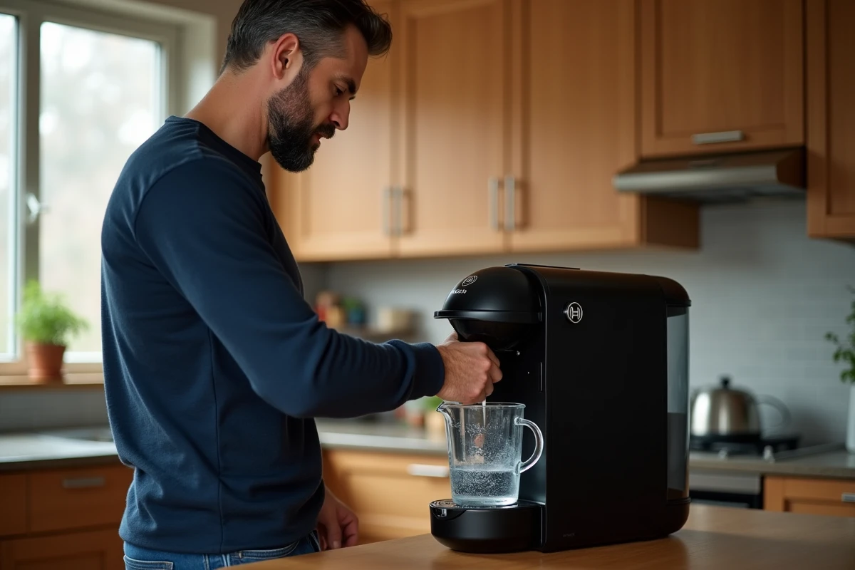 Homme réalisant le cycle de détartrage d'une Tassimo Bosch avec un pichet gradué récupérant l'eau de rinçage dans une cuisine chaleureuse