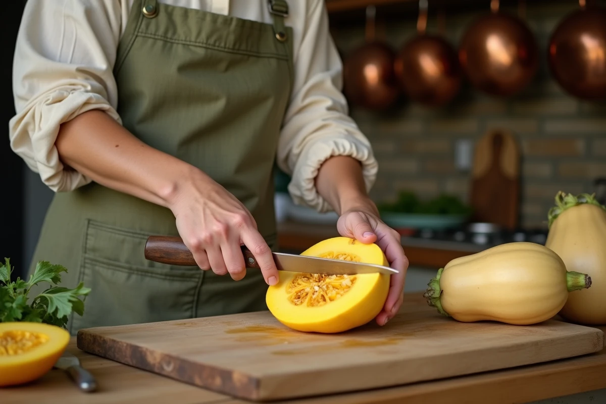 Femme découpant une courge longue de Nice sur une planche en bois dans une cuisine de campagne française