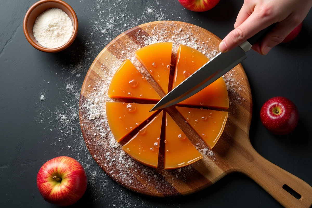 Découpe en carrés d'une pâte de fruit à la pomme maison sur une planche en bois avec du sucre cristallisé et des pommes entières