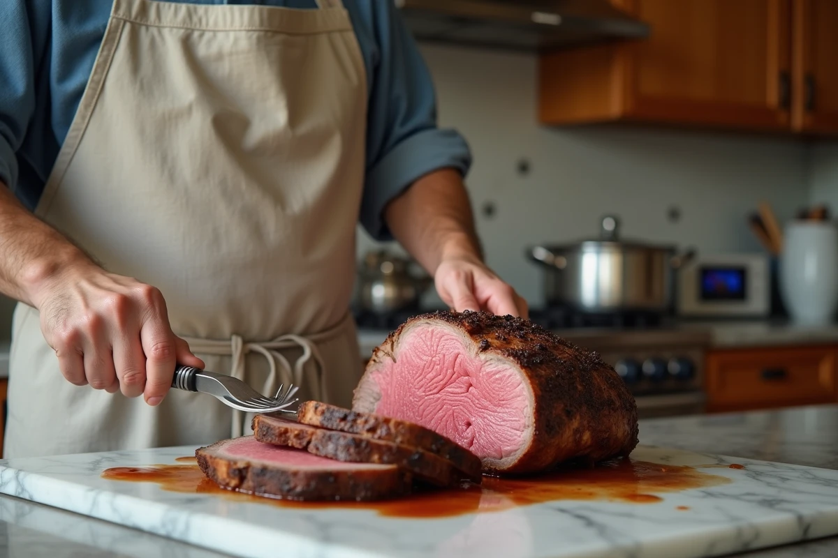 Personne découpant un rôti de bœuf rosé à point sur un plan de travail en marbre dans une cuisine domestique