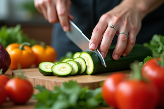 Mains coupant une courgette en V sur un plan de travail