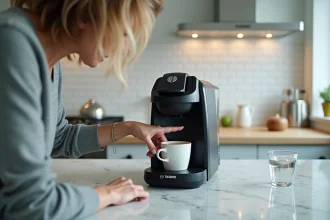 Machine Tassimo Bosch avec dépôts de calcaire visibles sur la tête de brassage, femme indiquant le tartre accumulé dans une cuisine moderne