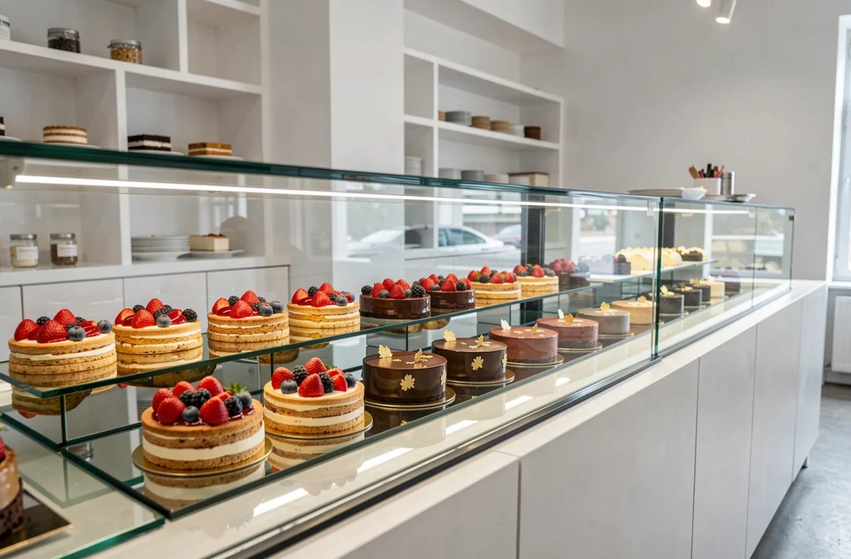 Vitrine de pâtisseries raffinées incluant tartes aux fruits et entremets au chocolat soigneusement présentés chez Duployez Christian à Arras