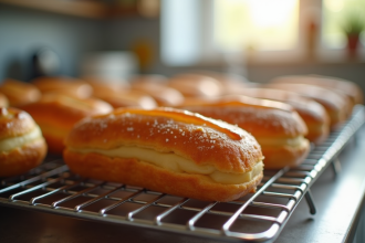 Éclairs fraîchement cuits refroidissant sur un grille en inox