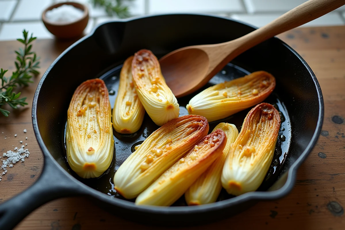Endives dorées et caramélisées dans une poêle en fonte avec spatule en bois sur un comptoir en chêne rustique